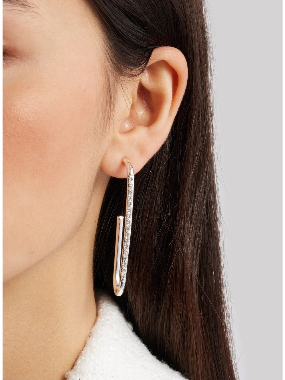 NWT Open Edit Pavé Elongated Hoop Earrings Silver Tone Crystal Minimalist CC